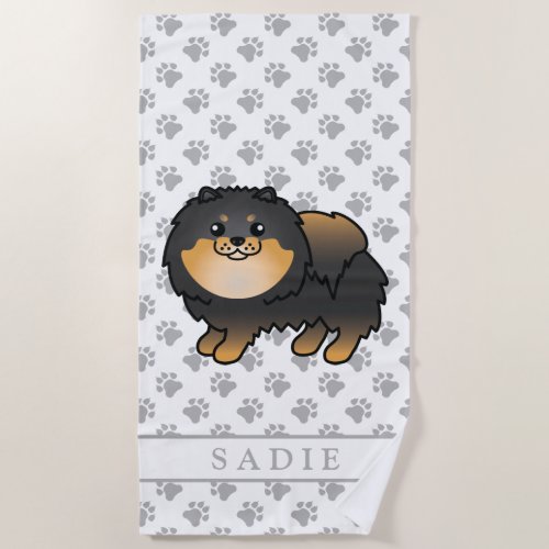 Black And Tan Pomeranian Cute Cartoon Dog  Name Beach Towel