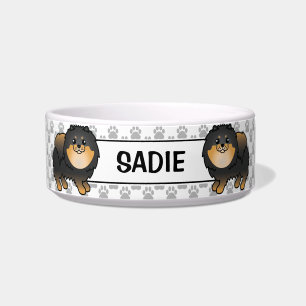 Black And Tan Pomeranian Cute Cartoon Dog & Name Bowl
