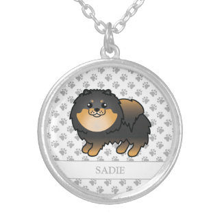 Black And Tan Pomeranian Cute Cartoon Dog &amp; Name Silver Plated Necklace