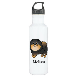 Black And Tan Pomeranian Cute Cartoon Dog &amp; Name Stainless Steel Water Bottle