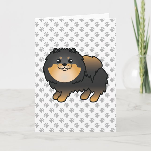 Black And Tan Pomeranian Cute Cartoon Dog & Paws Card (Front)