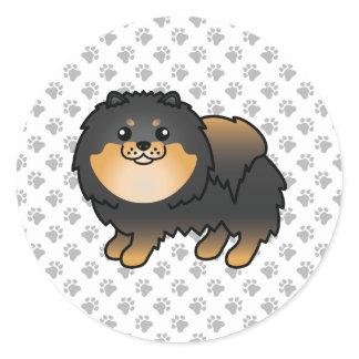 Black And Tan Pomeranian Cute Cartoon Dog &amp; Paws Classic Round Sticker