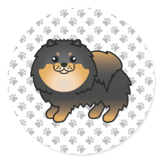 Black And Tan Pomeranian Cute Cartoon Dog &amp; Paws Classic Round Sticker