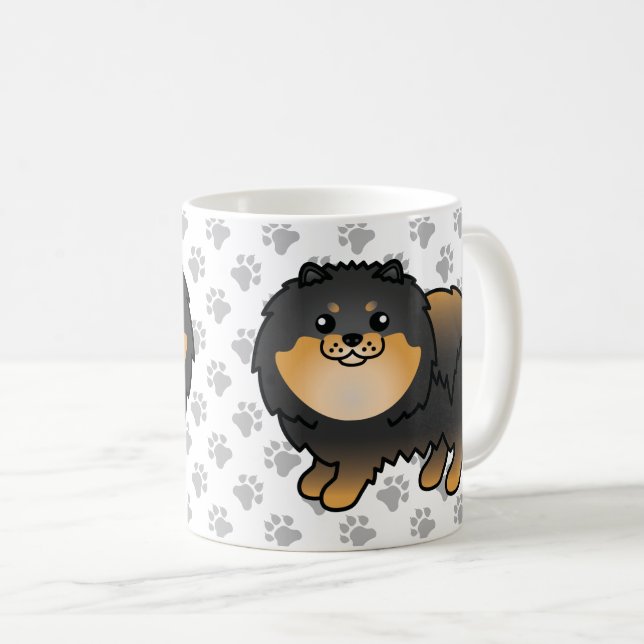 Black And Tan Pomeranian Cute Cartoon Dog & Paws Coffee Mug (Front Right)