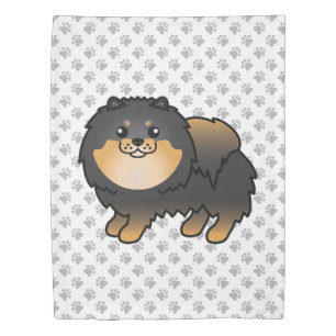 Black And Tan Pomeranian Cute Cartoon Dog & Paws Duvet Cover