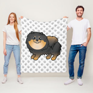 Black And Tan Pomeranian Cute Cartoon Dog & Paws Fleece Blanket