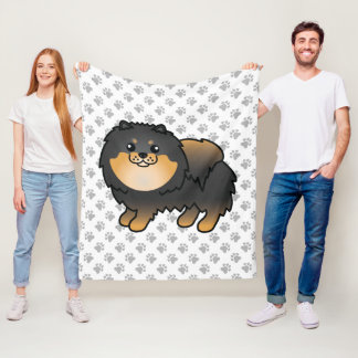 Black And Tan Pomeranian Cute Cartoon Dog &amp; Paws Fleece Blanket