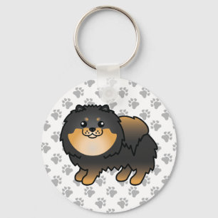 Black And Tan Pomeranian Cute Cartoon Dog & Paws Keychain