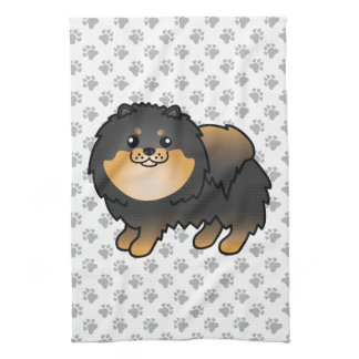 Black And Tan Pomeranian Cute Cartoon Dog &amp; Paws Kitchen Towel