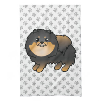 Black And Tan Pomeranian Cute Cartoon Dog & Paws Kitchen Towel