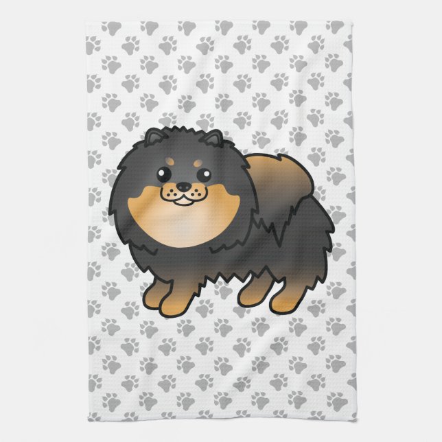 Black And Tan Pomeranian Cute Cartoon Dog & Paws Kitchen Towel (Vertical)