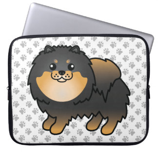 Black And Tan Pomeranian Cute Cartoon Dog &amp; Paws Laptop Sleeve