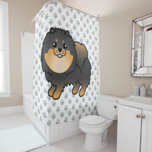 Black And Tan Pomeranian Cute Cartoon Dog & Paws Shower Curtain