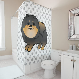Black And Tan Pomeranian Cute Cartoon Dog &amp; Paws Shower Curtain