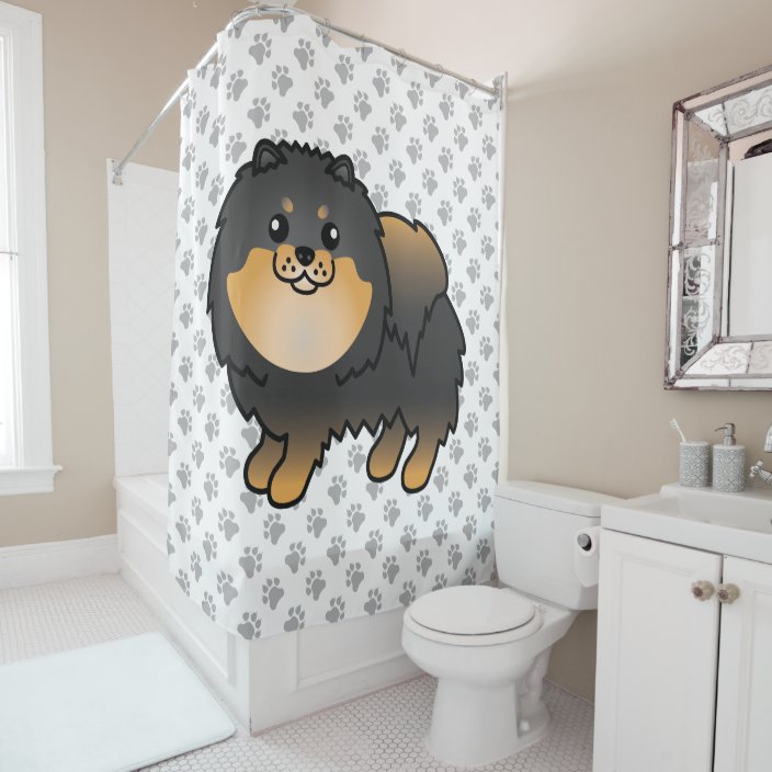 Black And Tan Pomeranian Cute Cartoon Dog & Paws Shower Curtain
