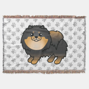 Black And Tan Pomeranian Cute Cartoon Dog & Paws Throw Blanket