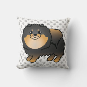Black And Tan Pomeranian Cute Cartoon Dog & Paws Throw Pillow