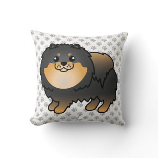 Black And Tan Pomeranian Cute Cartoon Dog &amp; Paws Throw Pillow