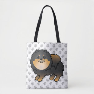 Black And Tan Pomeranian Cute Cartoon Dog & Paws Tote Bag