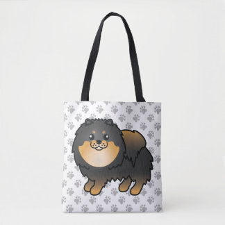 Black And Tan Pomeranian Cute Cartoon Dog &amp; Paws Tote Bag