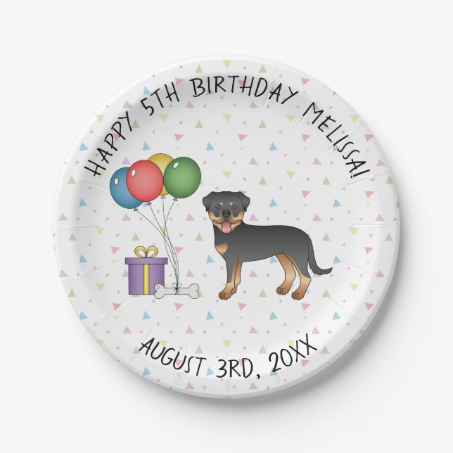 Black And Tan Rottweiler Cartoon Dog - Birthday Paper Plates (Front)