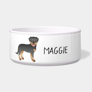 Black And Tan Rottweiler Cute Cartoon Dog And Name Bowl