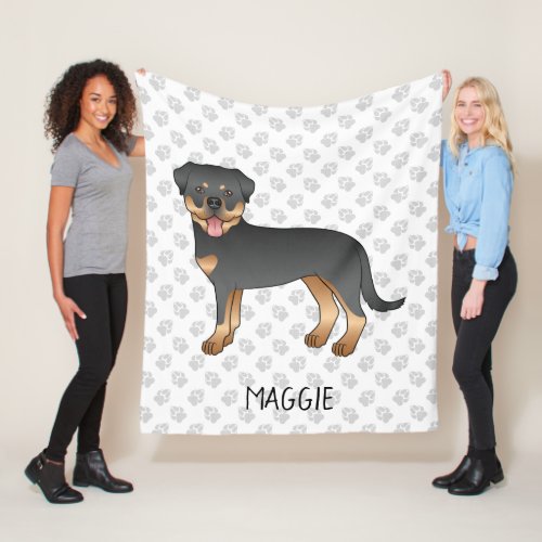 Black And Tan Rottweiler Cute Cartoon Dog And Name Fleece Blanket