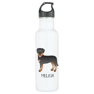 Black And Tan Rottweiler Cute Cartoon Dog And Name Stainless Steel Water Bottle