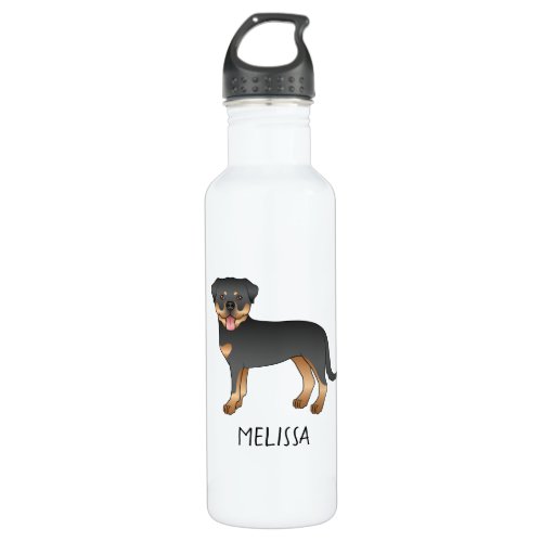 Black And Tan Rottweiler Cute Cartoon Dog And Name Stainless Steel Water Bottle
