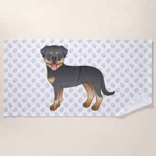 Black And Tan Rottweiler Cute Cartoon Dog And Paws Beach Towel