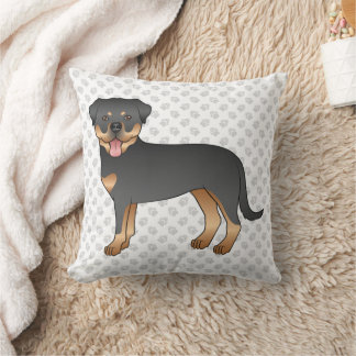Black And Tan Rottweiler Cute Cartoon Dog And Paws Throw Pillow