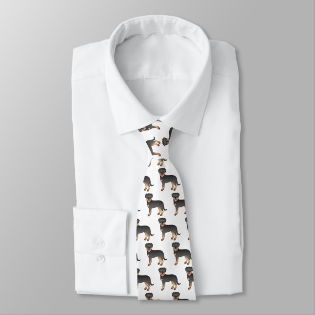 Black And Tan Rottweiler Cute Cartoon Dog Pattern Neck Tie (Tied)