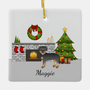 Black And Tan Rottweiler Dog In A Christmas Room Ceramic Ornament