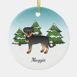 Black And Tan Rottweiler Dog In A Winter Forest Ceramic Ornament