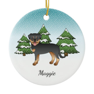 Black And Tan Rottweiler Dog In A Winter Forest Ceramic Ornament