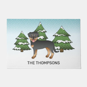 Black And Tan Rottweiler Dog In A Winter Forest Doormat