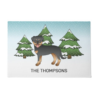 Black And Tan Rottweiler Dog In A Winter Forest Doormat