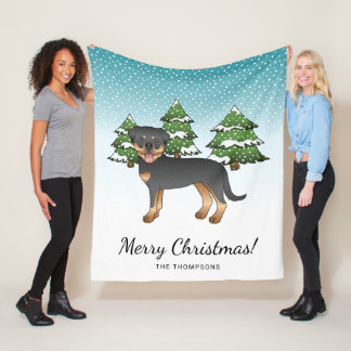 Black And Tan Rottweiler Dog In A Winter Forest Fleece Blanket