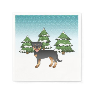 Black And Tan Rottweiler Dog In A Winter Forest Napkins