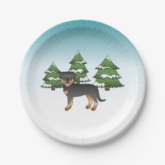 Black And Tan Rottweiler Dog In A Winter Forest Paper Plates