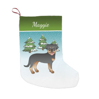 Black And Tan Rottweiler Dog In A Winter Forest Small Christmas Stocking