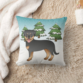 Black And Tan Rottweiler Dog In A Winter Forest Throw Pillow