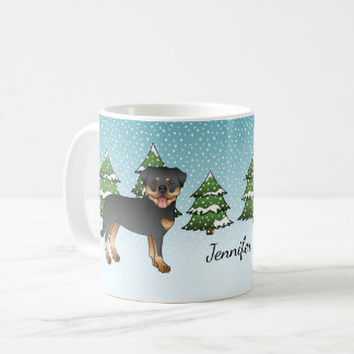 Black And Tan Rottweiler Dogs In A Winter Forest Coffee Mug