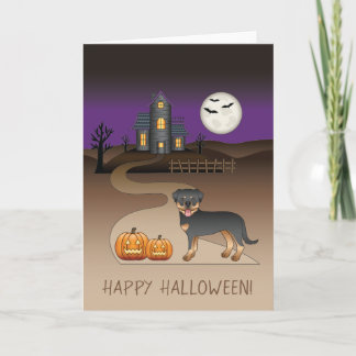 Black And Tan Rottweiler Halloween Haunted House Card