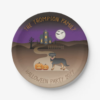Black And Tan Rottweiler Halloween Haunted House Paper Plates