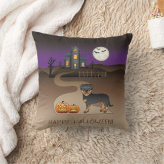 Black And Tan Rottweiler Halloween Haunted House Throw Pillow