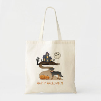 Black And Tan Rottweiler Halloween Haunted House Tote Bag