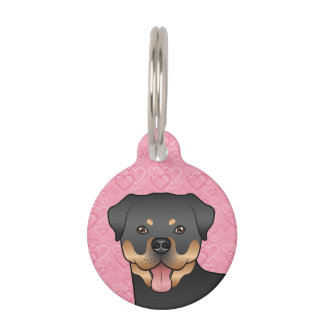 Black And Tan Rottweiler Head On Pink Hearts Pet ID Tag