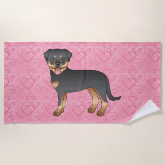 Black And Tan Rottweiler On Pink Hearts Beach Towel