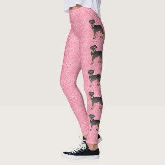 Black And Tan Rottweiler On Pink Hearts Leggings